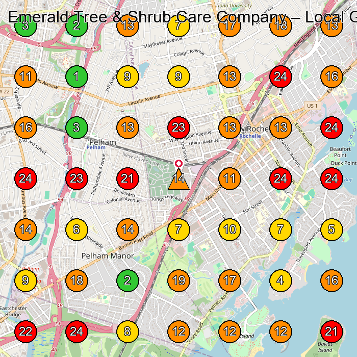 Emerald Tree & Shrub Care Company Arborist Service GeoGrid ranking map for New Rochelle NY